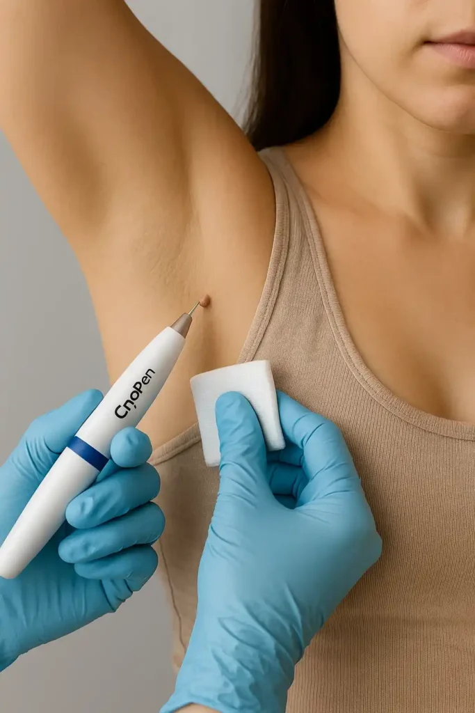 woman having cryopen to remove underarm skin tags Stratford New Town