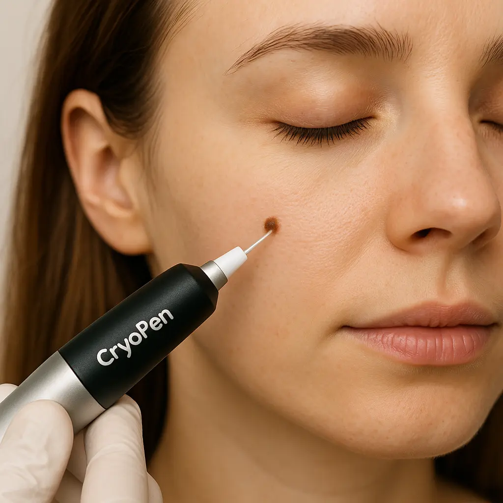 woman receiving facial mole removal Stratford New Town using cryopen