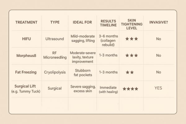 Table showing the comparisons of Skin tightening Stratford New Town treatment options.